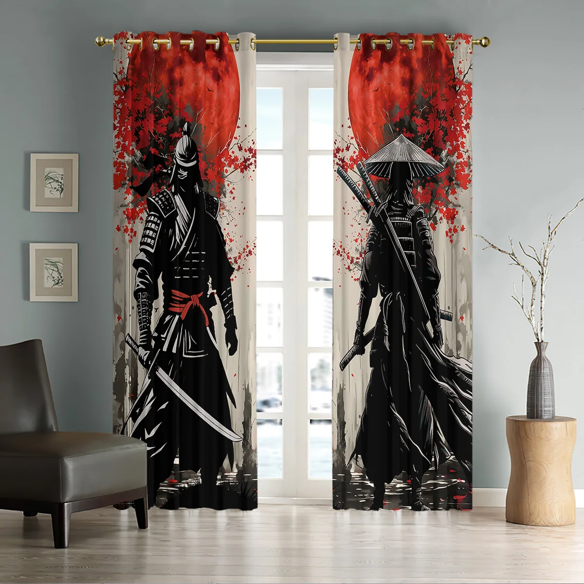 2 Stück japanische Samurai-Serie, Verdunkelungsvorhänge, Isolierung, mehrere Größen, Wohnzimmer, Schlafzimmer, Fensterdekoration, maschinenwaschbar