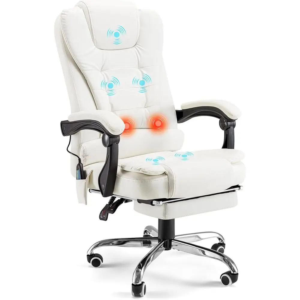 Silla ergonómica reclinable para ordenador con calefacción, masaje de 7 puntos, respaldo alto, reposapiés retráctil, silla de oficina de cuero blanco
