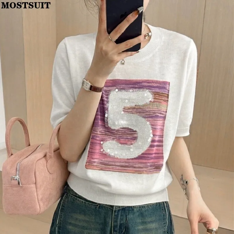 2024 Summer Sequins Sweater Women Knit Pullover T-shirts Short Sleeve O-neck Tees Tops Casual Fashion Loose Stylish Jumpers