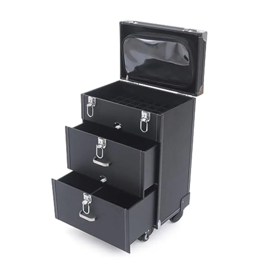 

Rolling Makeup Case on Wheels 3 Layer Nail Storage Case with 1 Transparent Storage Bag Travel Polish Organizer Trolley for Styl