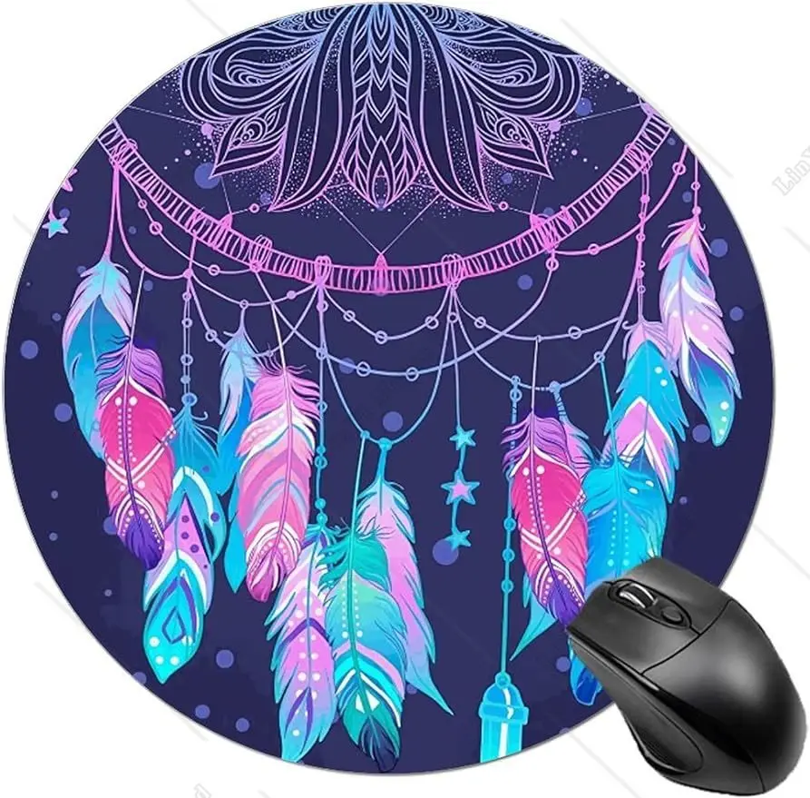 

Round Gaming Mouse Pad Bohemian Dreamcatcher Feathers Art Mousepad Mat Non-Slip Base Waterproof Mousepad for Laptop Office Work