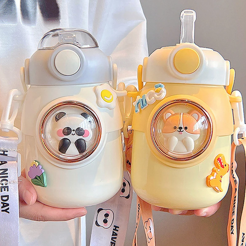 700ml Cute Cartoon Thermos With Straw Bottle Kids Stainless Steel Flask Big Belly Water Cup Portable School Insulation Thermal