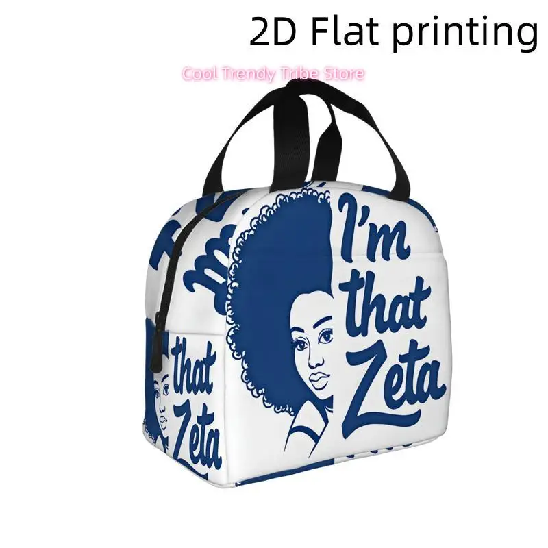 

1pc, Bold Blue Design Featuring a Woman with an Afro and Text "I'm That Zeta" Printed Insulated Cooler Bag - Reusable Portable H