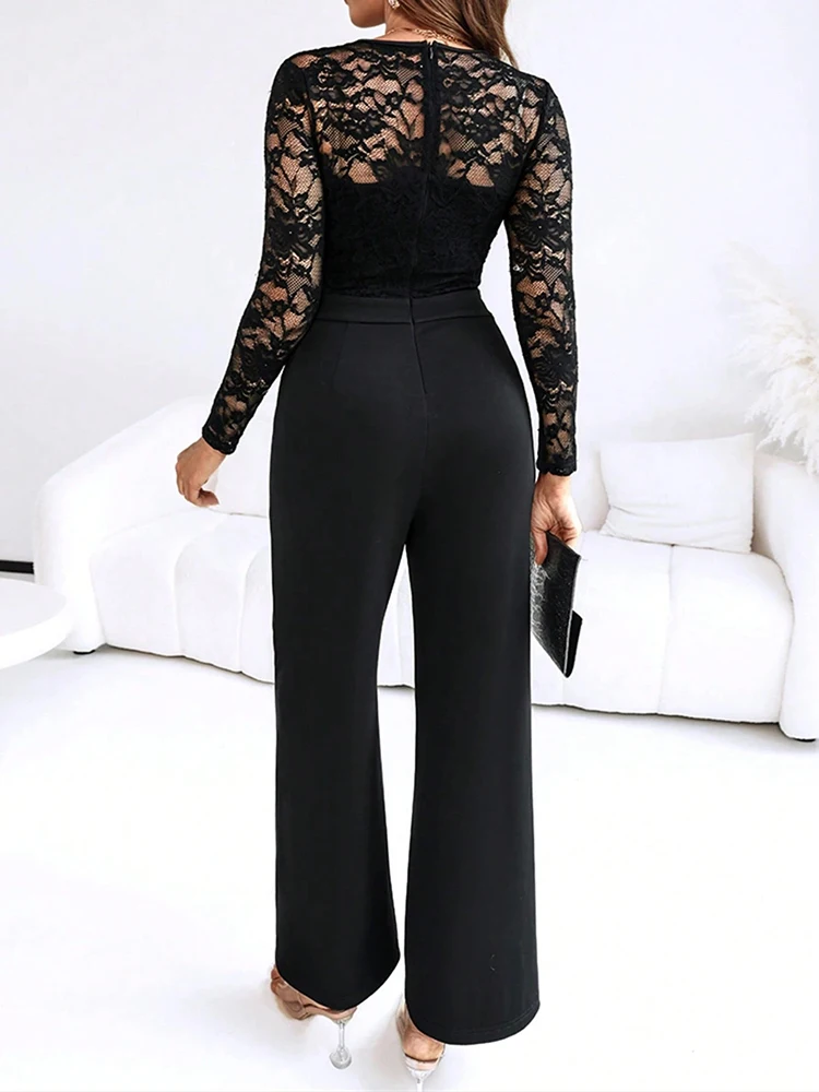 

Lady Autumn New Simple Hollow Party Rompers Sexy V-neck Lace Edge Bodycon Jumpsuits Fashion Solid High Waist Commute Playsuits