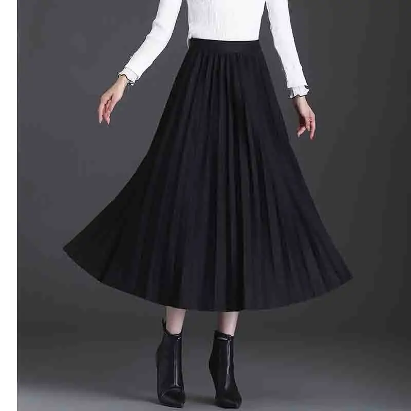 Autumn Winter Women Solid Color Woolen Woolen Fabric Pleated Skirt Female Korean Splicing High Waisted Appear Mid Length Skirt