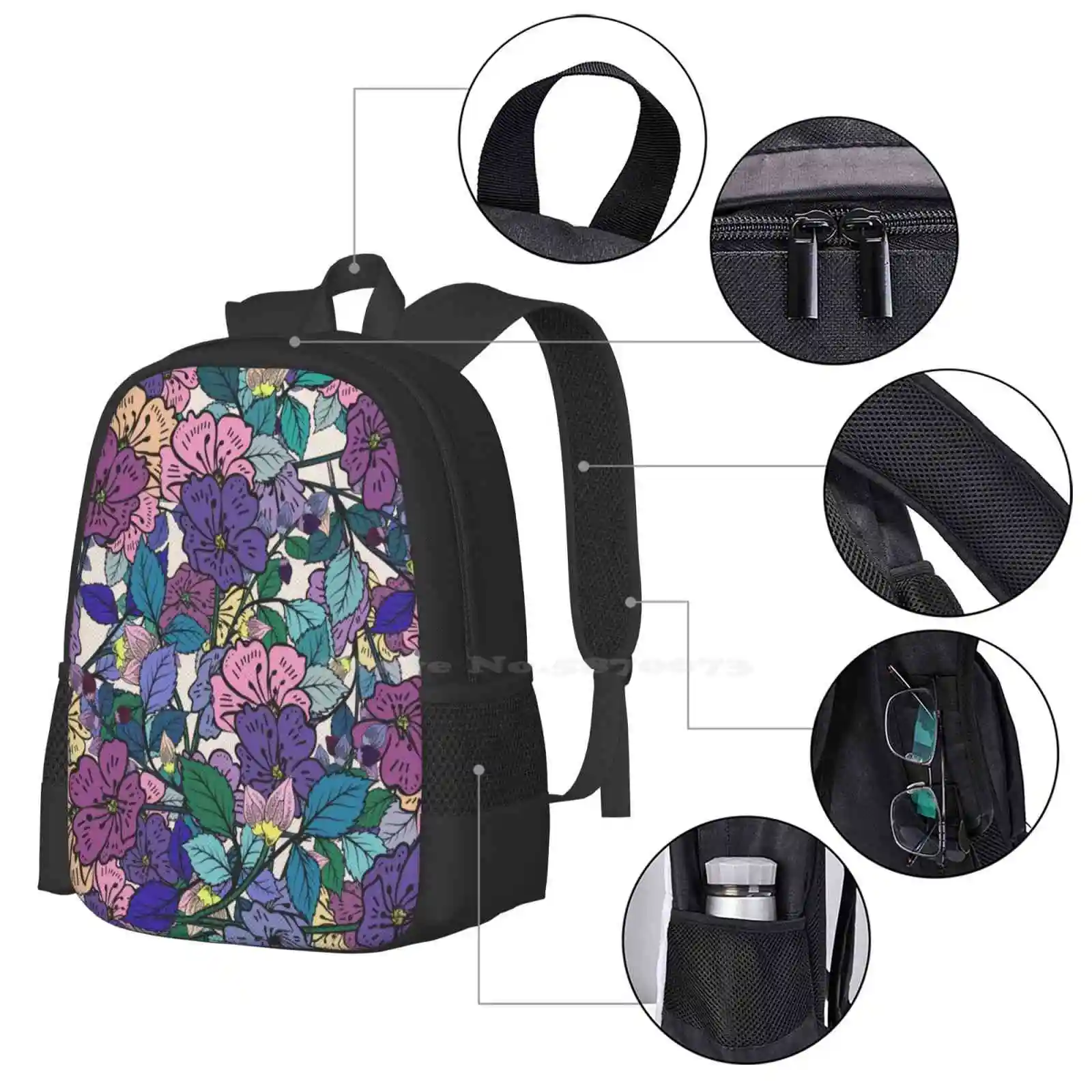 Efflorescence School Bag Big Capacity Backpack Laptop Summer Floral Flower Pattern Purple Pink Teal Green Yellow Spring Fresh