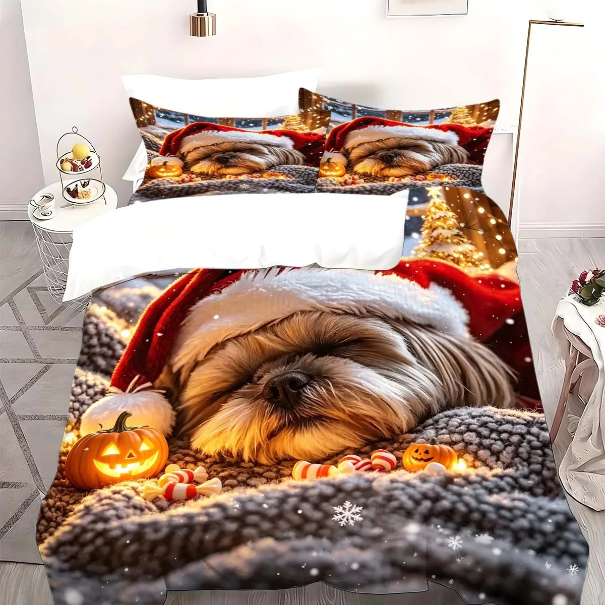 3PCS Merry Christmas Bedding Set Lovely Dog Printed Cozy Duvet Cover Set King Queen Twin Single Size Birthday Gift Bedroom Decor