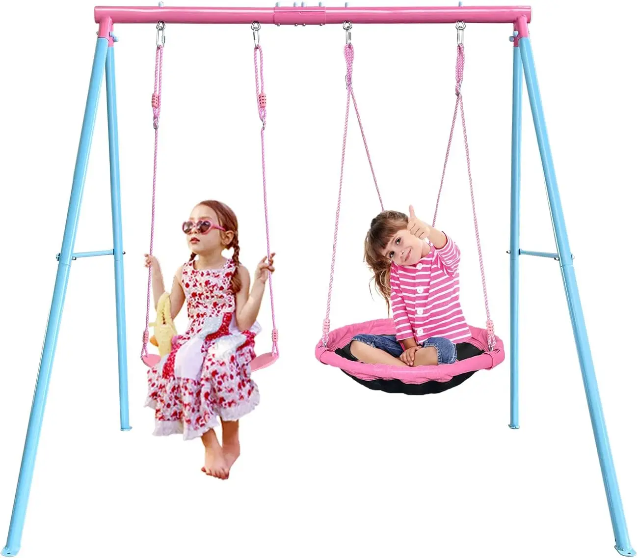 

440lbs 2 Play Stations Swing Sets for Backyard, 1 Saucer Tree Swing 32 inch, 1 Belt Swings, Heavy Duty Metal Swing Stand