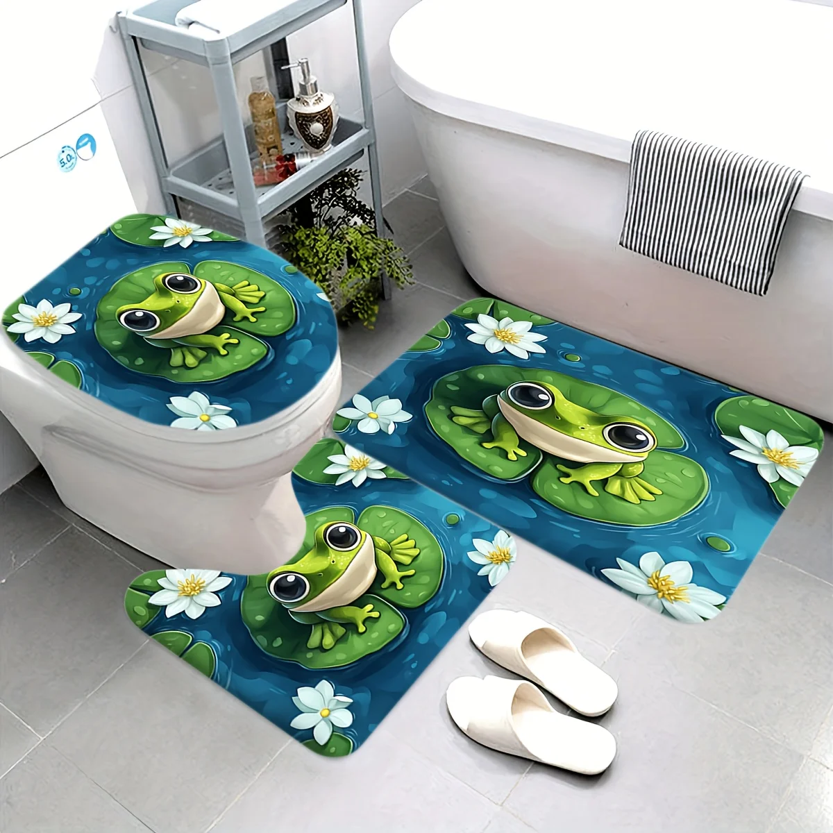 

3pcs Big-Eyed Frog Pattern Bathroom Non-Slip Quick-Drying Mat Set, Including Floor Mat And Toilet Seat Cover, Made of Flannel, N