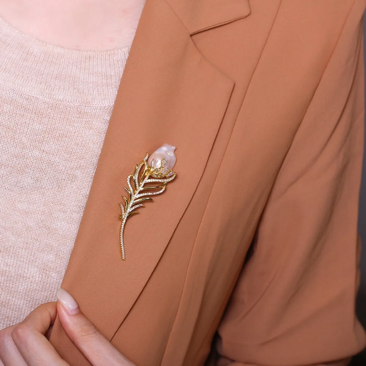Brass Gold Plated Feather Brooch Blank, Exquisite, For Baroque Irregular Pearl, Coat Pin DIY Corsage Accessory