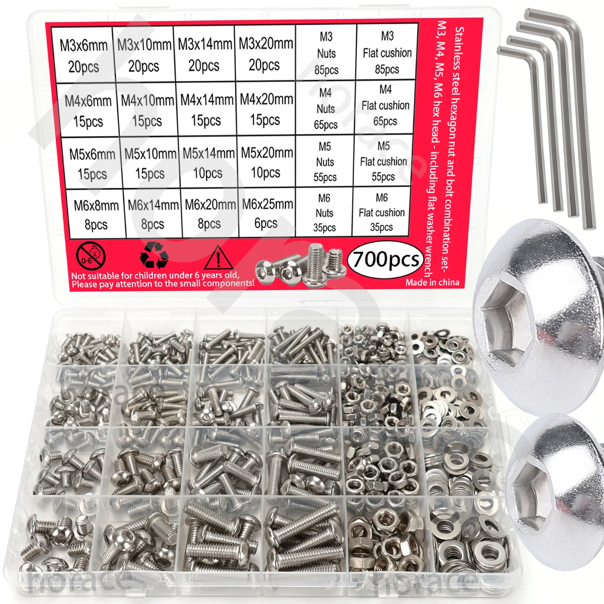 Conjunto combinado de porca e parafuso hexagonal de aço inoxidável de 700 peças - Copo redondo M3, M4, M5, M6 Cabeça sextavada - Parafuso de cabeça redonda - Inclui prato