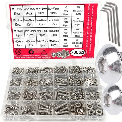 Juego combinado de tuercas y pernos hexagonales de acero inoxidable de 700 piezas - Copa redonda M3, M4, M5, cabeza hexagonal M6 - Perno de cabeza redonda - Incluye forma plana