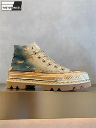 Women Gradient Color Canvas High Top Shoes Lace Up Vintage Ripped Hip Hop Casual Platform Pumps Female Height Increasing Shoes
