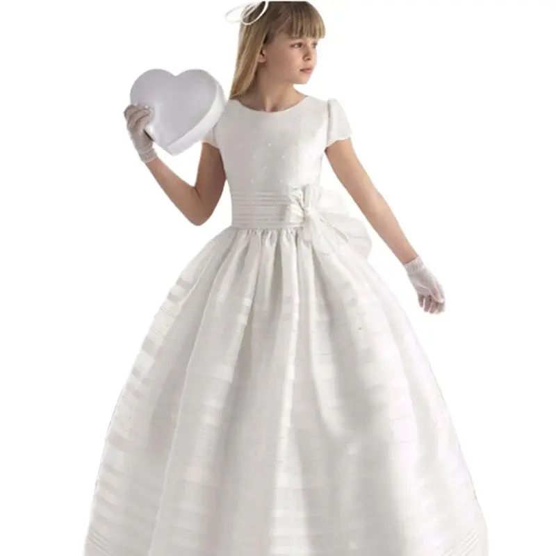 

Fashion Flower Girl Dresses Charming White Lvory Short Sleeve Satin Floor Length Girls Pageant Dresses First Communion Dresses