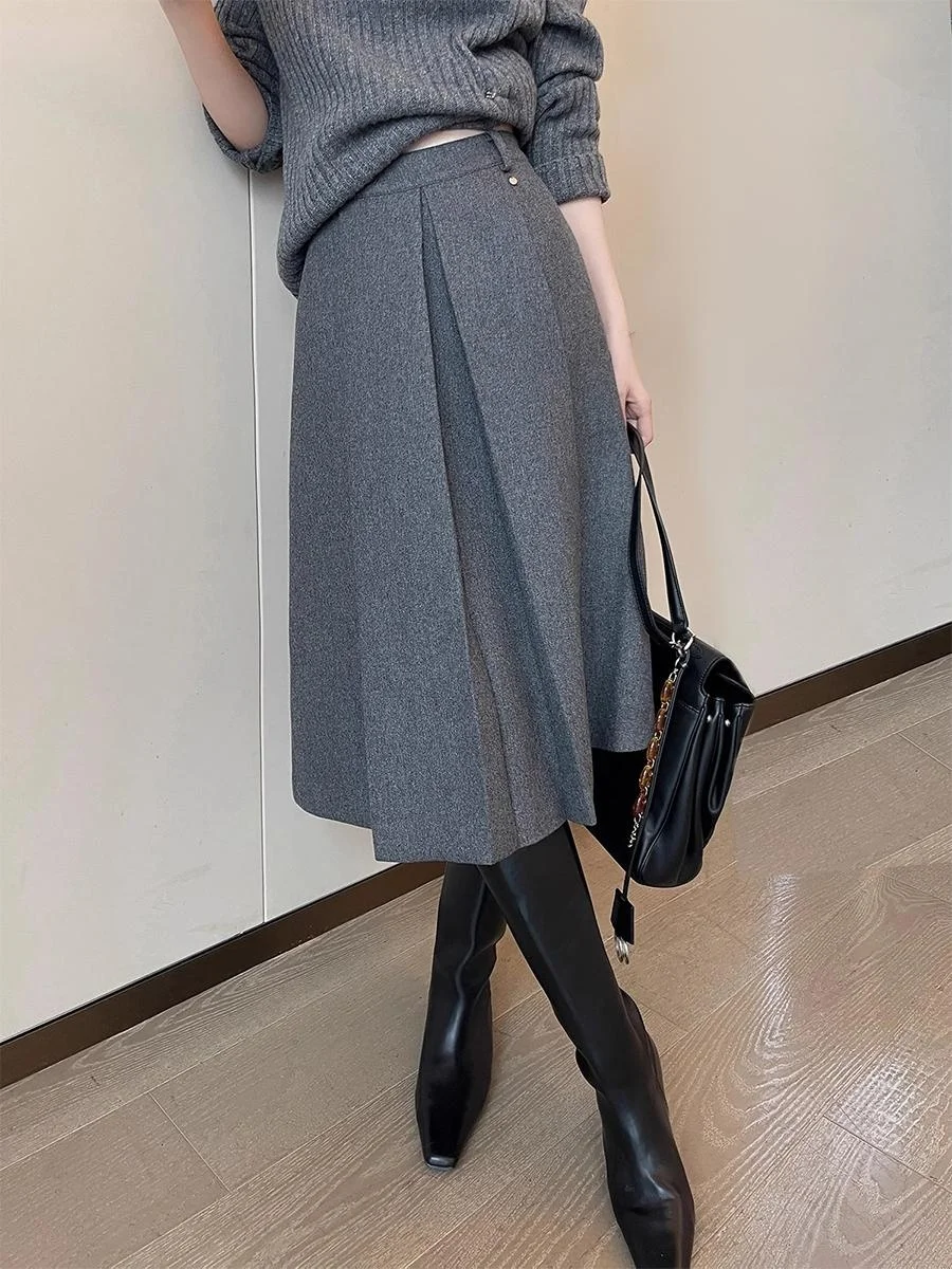 

ay High Waist A-Line Midi Skirt Women's Autumn New Ele Aosphere f Body Skirt Casual Sle Pure Color Ci Walk