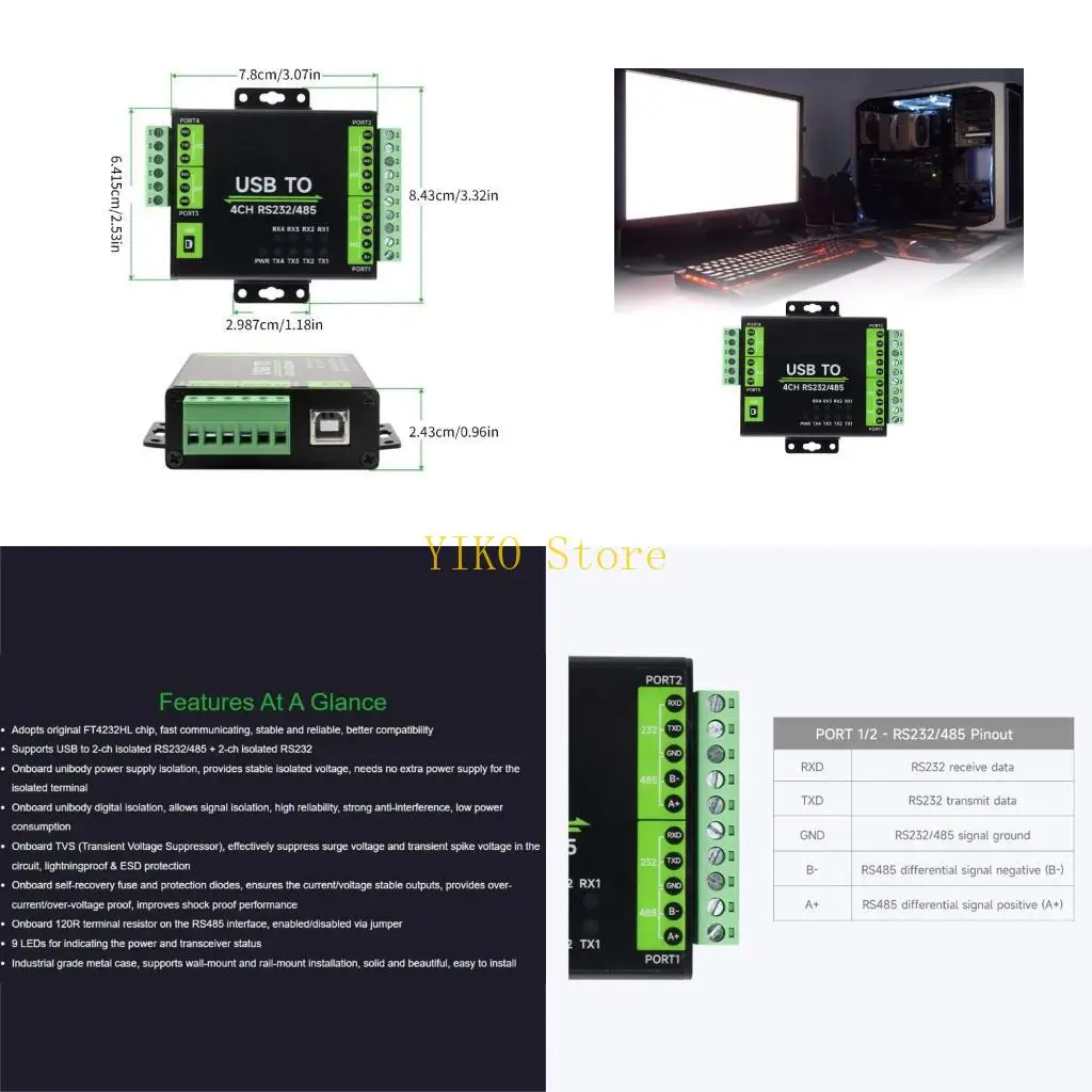 

K32C USB to 4CH RS232/485 Converter Adopt Original FT232RNL Chip, Industrial Isolated USB Converter Multiple Protections