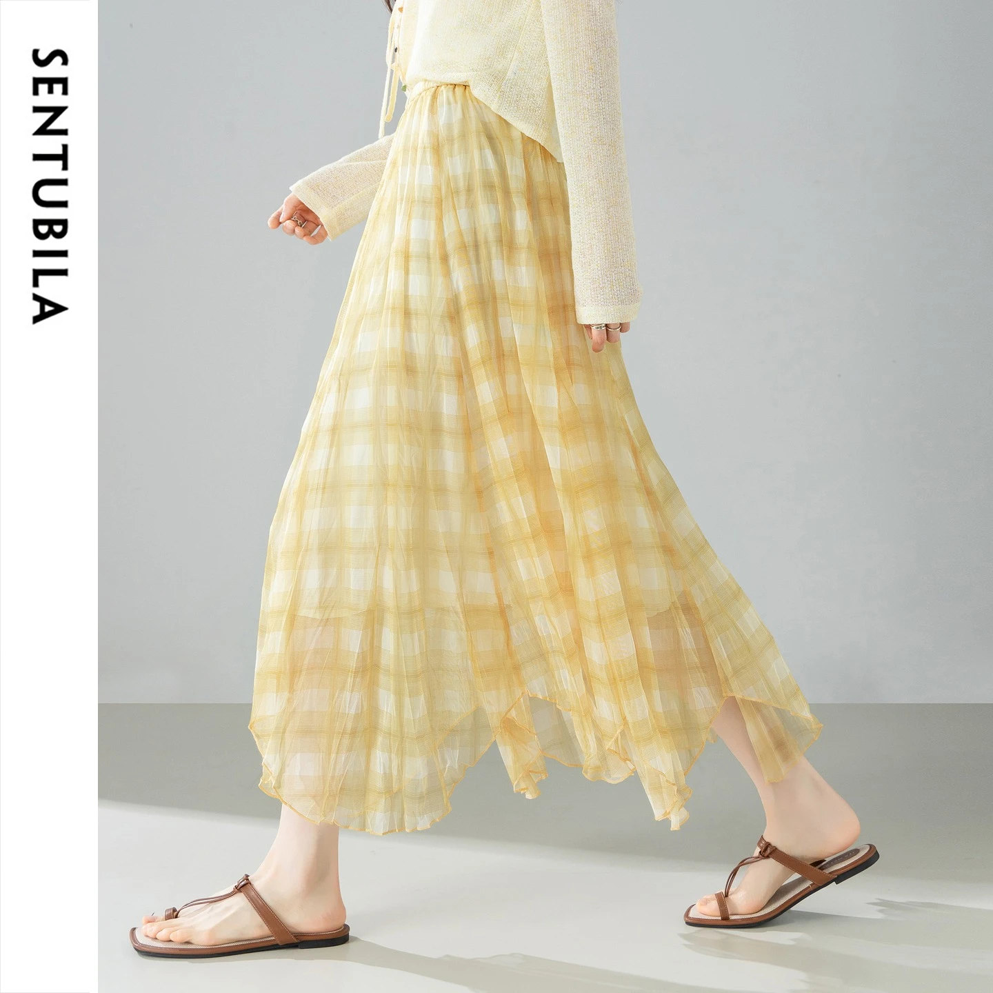 SENTUBILA Women's Summer Korean Plaid Tulle Skirt 2026 Ladies Trend Fashion Fresh Print Flowy A Line Long Skirts 162QB7653