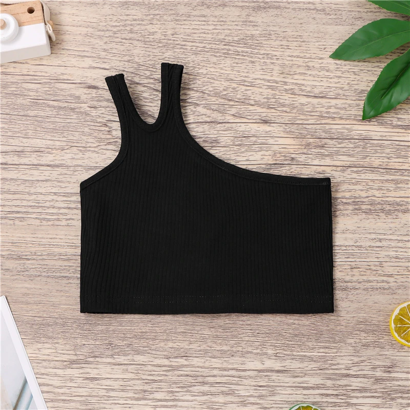 Children\'s Girls Camisole Crop Top Clothes Summer Slit One-shoulder Sleeveless Kids Tight Stretch Tank Tops