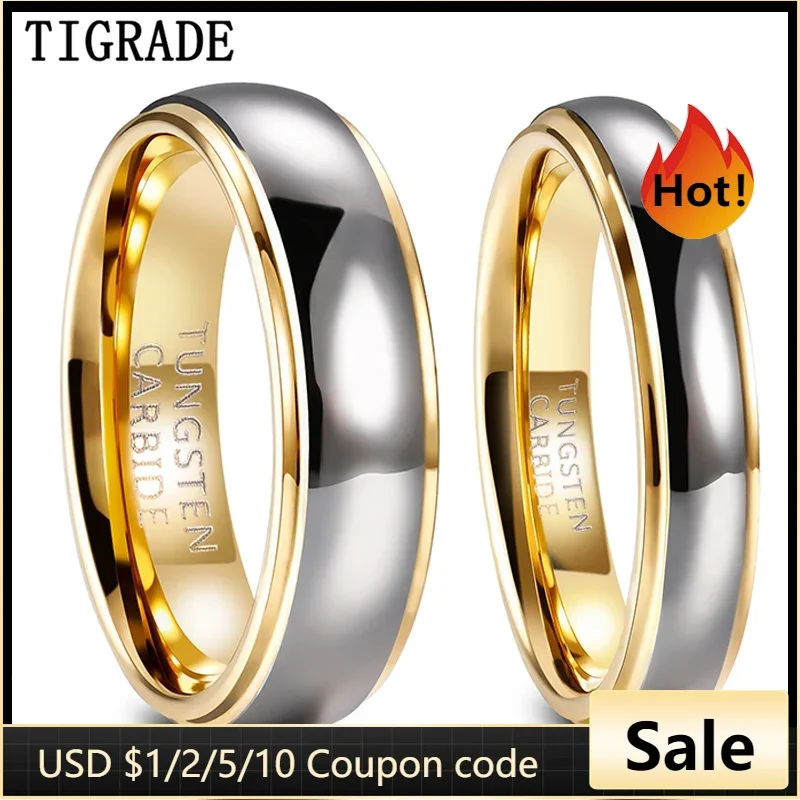 Tigrade 4mm/6mm Men Women Tungsten Carbide Ring Gold Plated Polished Rings Engagement Wedding Bands For Lover Couple