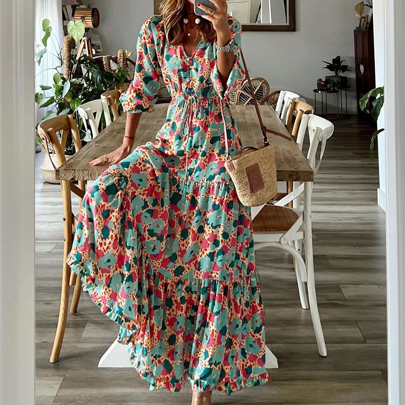 

SKMY 2024 Summer New Bohemian Vacation Outfits Women Clothing Fashion V-Neck Long Sleeve Printed A-Line Evening Dress Party