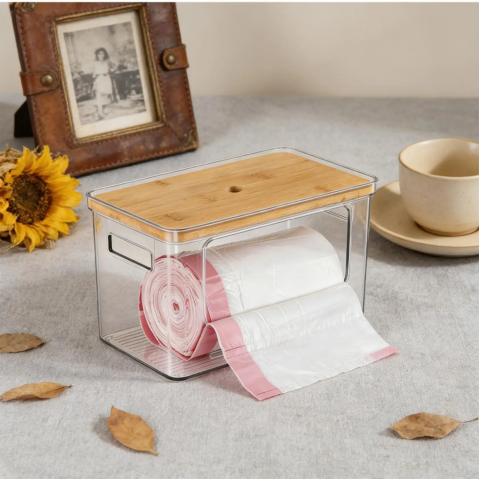 

Держатель для мусорных пакетов с бамбуковой крышкой, настенный органайзер для кухонных мусорных пакетов, хранение под раковиной