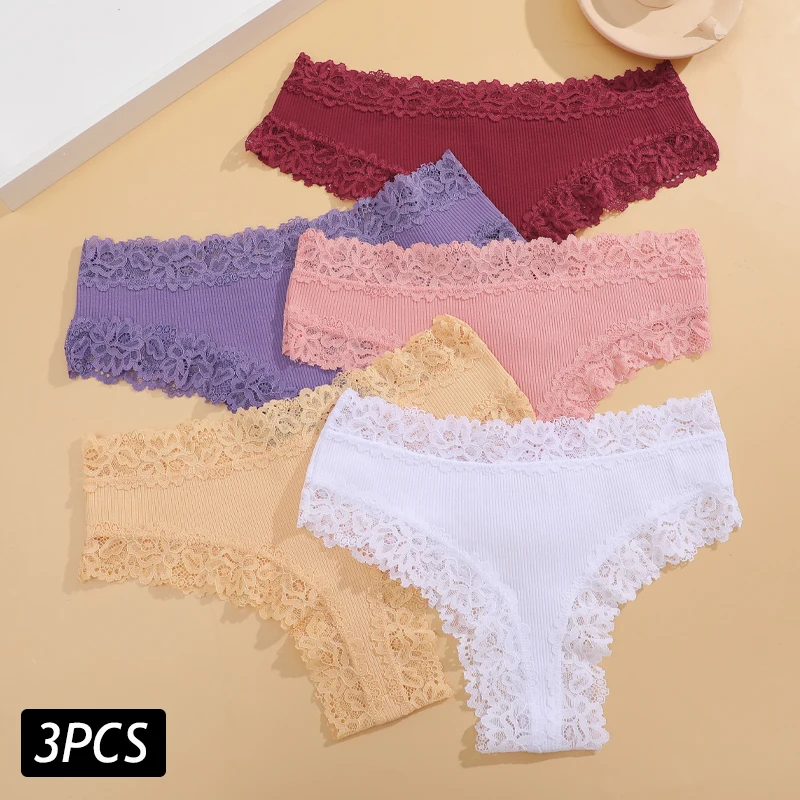 3PCS Lace Seamless Cotton Panties Ribbed Brazilian Pants Low Waist Women Panties Breathable Girls Underwear Plus Size Lingerie