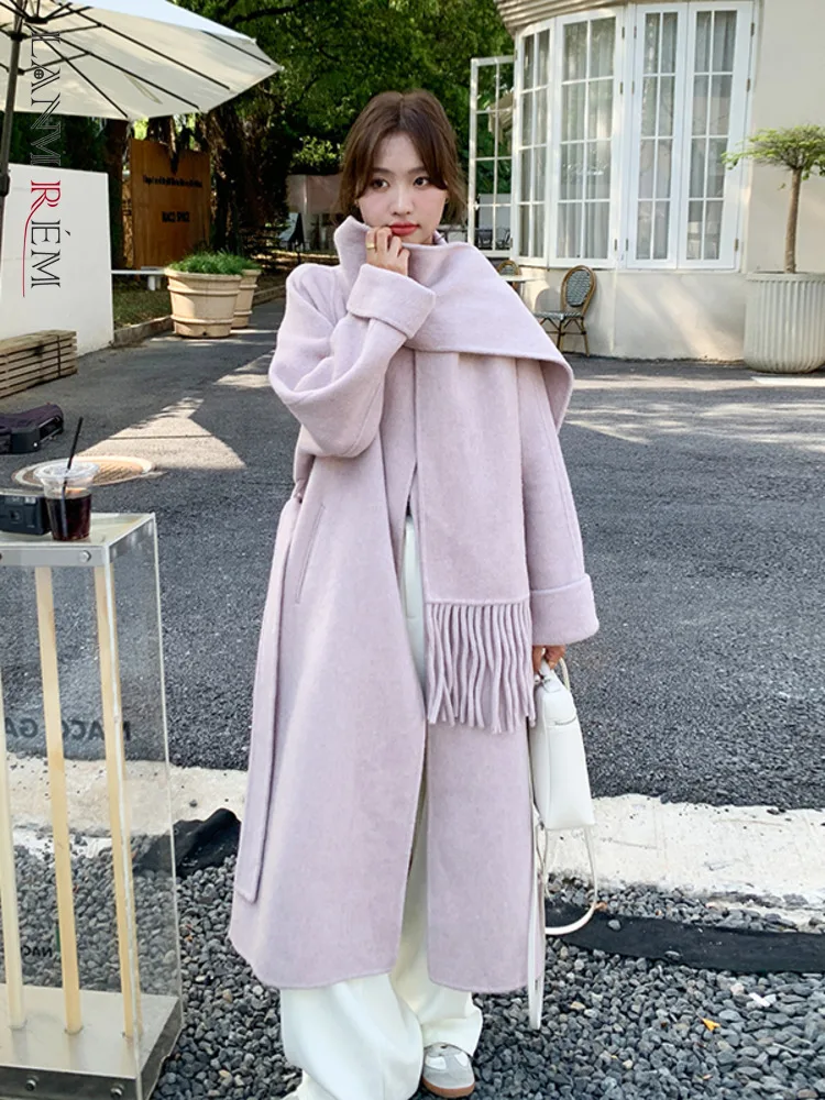 

LANMREM Streetwear Purple Pink Double Sided Woolen Coat Women's 2024 Winter New O-neck Single Button With Scarf Coats 2Z3119