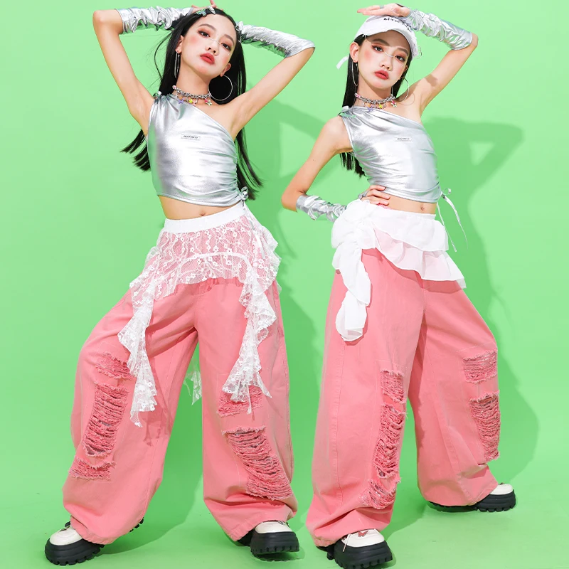 Mädchen Hip Hop Silber Crop Top Rosa Hosen Kinder K-pop Streetwear Kinder Jazz Mädchen Gruppe Kostüm Teen Street Dance kleidung Sets