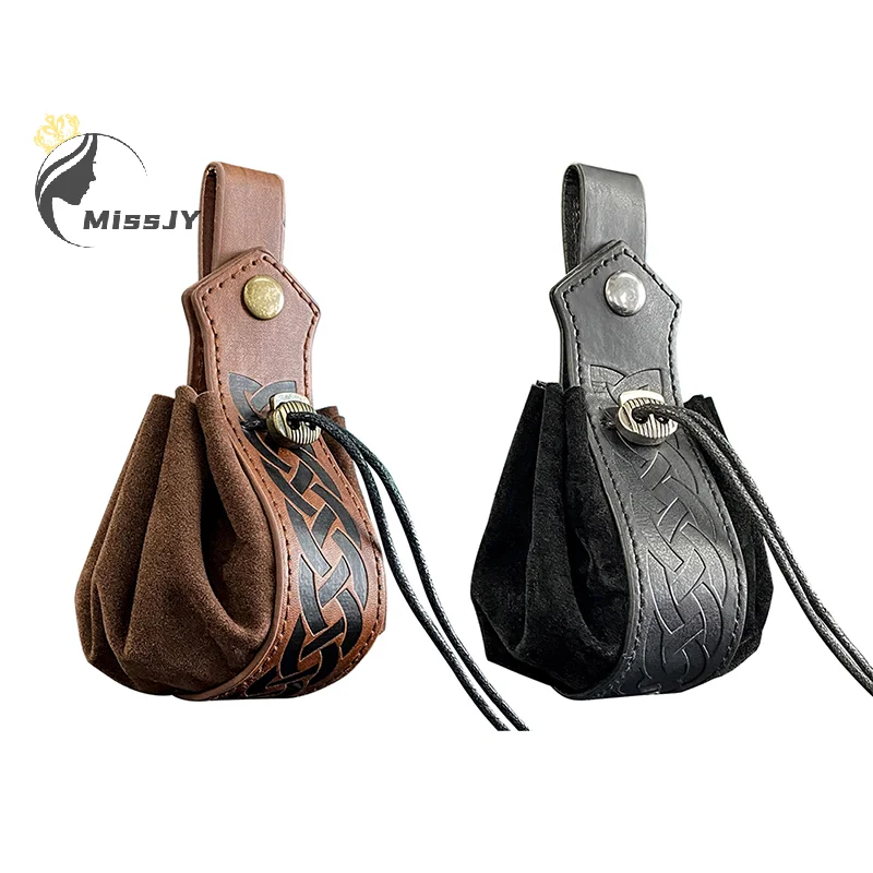 Bolsa de dinero Vintage Medieval para hombres y mujeres, accesorio de disfraz, bolso vikingo de cuero con cordón, monedero