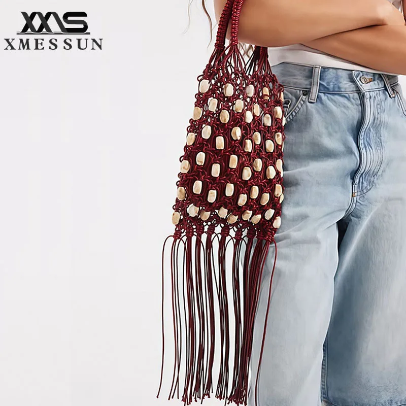 New Trendy Rope Beaded Handbag For Women,Retro Bohemian Design Hand Woven Tassel Bag Casual Travel Hollow Out Bead Vacation Bag