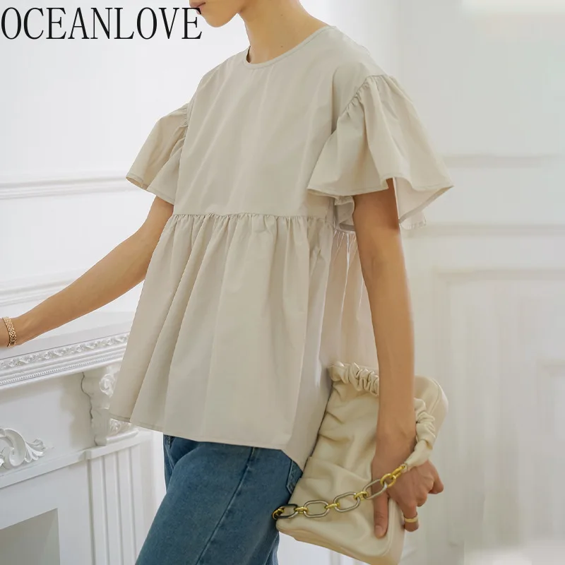 OCEANLOVE Ruffles Blouses Women Tops Solid Summer Loose Sweet Elegant Blusas Mujer Japanese Style Simple Retro Shirts Casual