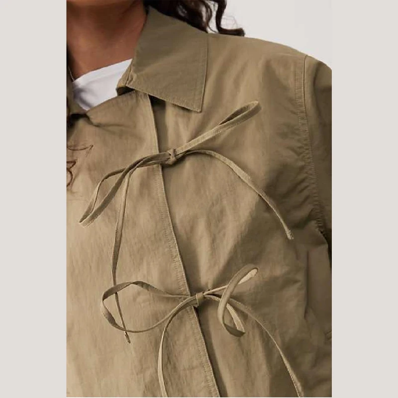 Casual Chic Bow Tie Strapped Jacket Women's Loose Lapel Long Sleeve Pockets Coats 2025 Autumn Lady Daily Street Outerwears