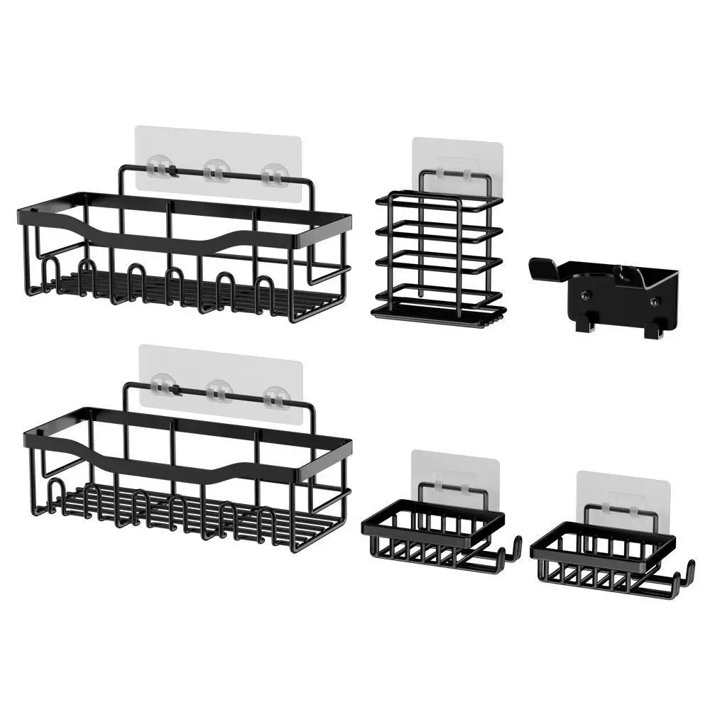 Two-Tier Wall Mounted Bathroom Shelf Carbon Steel Moisture-Resistant No-Drill Adhesive Organizer Six Hooks Modular Sets Kitchen