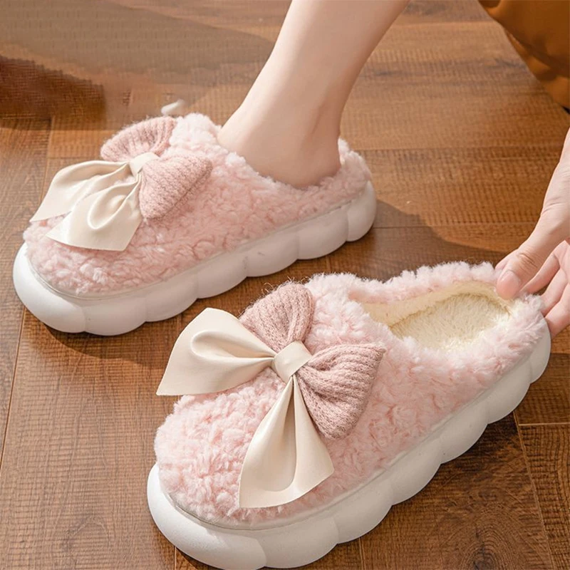 Sweet Bowknot Thick Soled Warm Fur Slippers Women Winter Fuzzy Lined Soft Platform Shoes Woman Indoor Anti Slip Cotton Slippers