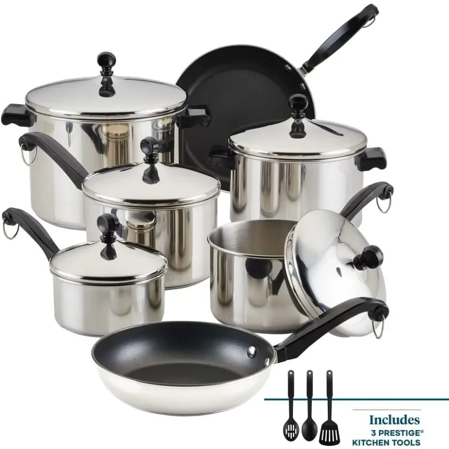 15-Piece Premium Stainless Steel Pots and Pans Cookware Set, Heavy Duty Kitchen Cooking Set, Even Heat Distribution Compatible with All Stovetops