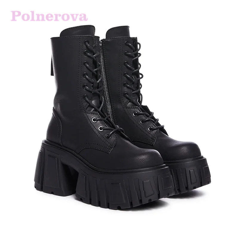 

Black High-Top High-Heel Platform Boots Women's Autumn Winter Height-Up Fashion Ankle Booties Short Chunky Heel Leather Boots