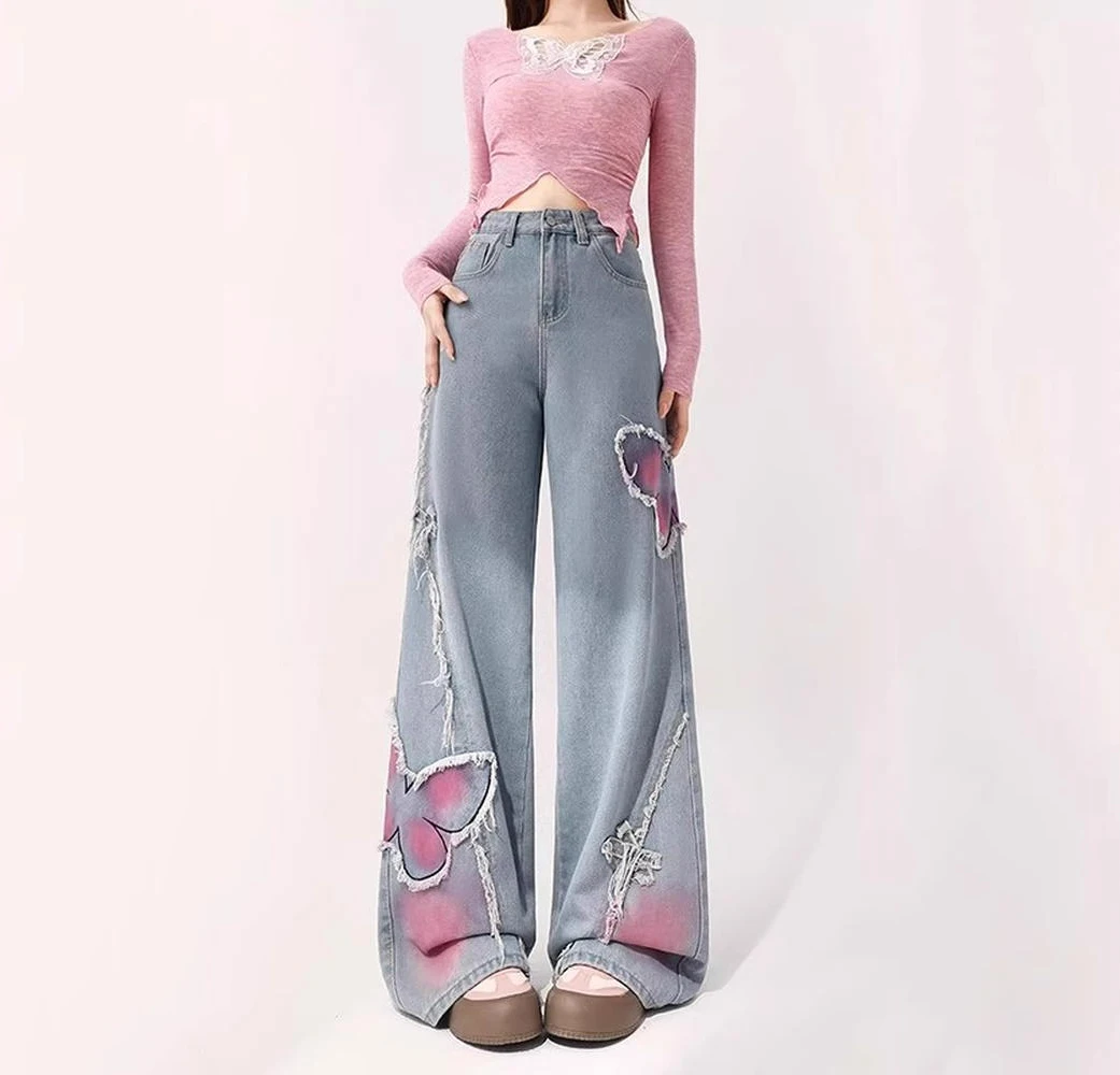 

Американские ретро джинсы с бахромой и бантом для женщин, весенне-осенние свободные прямые брюки с высокой талией, повседневные широкие брюки