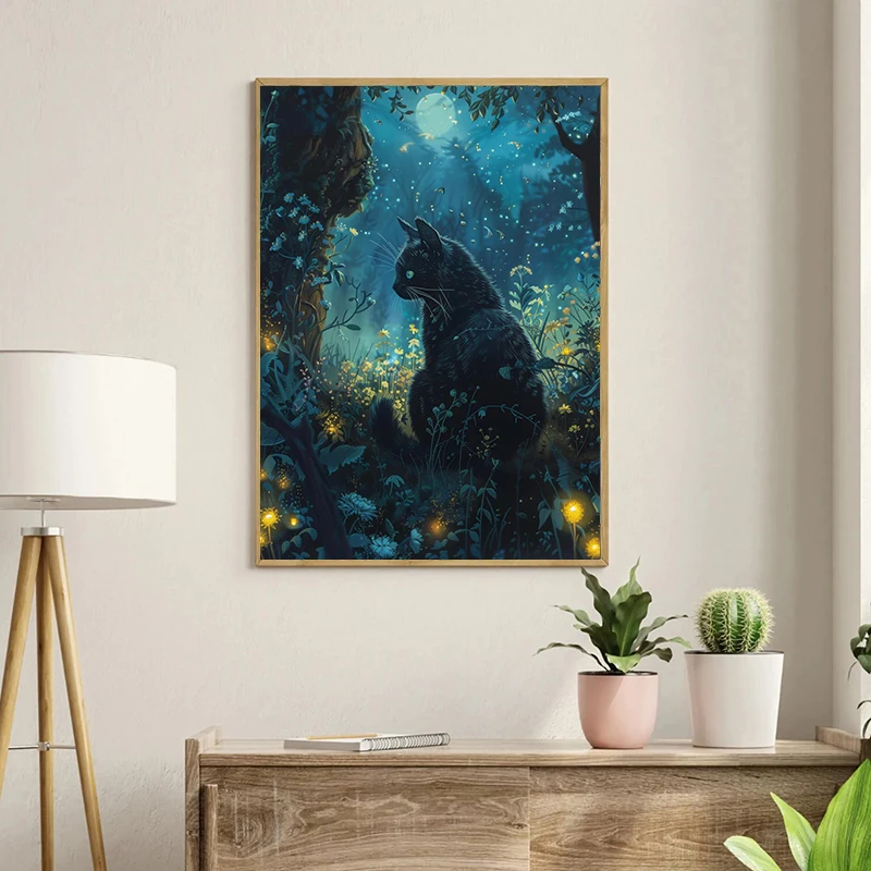 Witchy Black Cat Floral Moonlit Cottagecore Gothic Poster Canvas Painting Print Wall Picture for Living Room Home Decor Cuadros