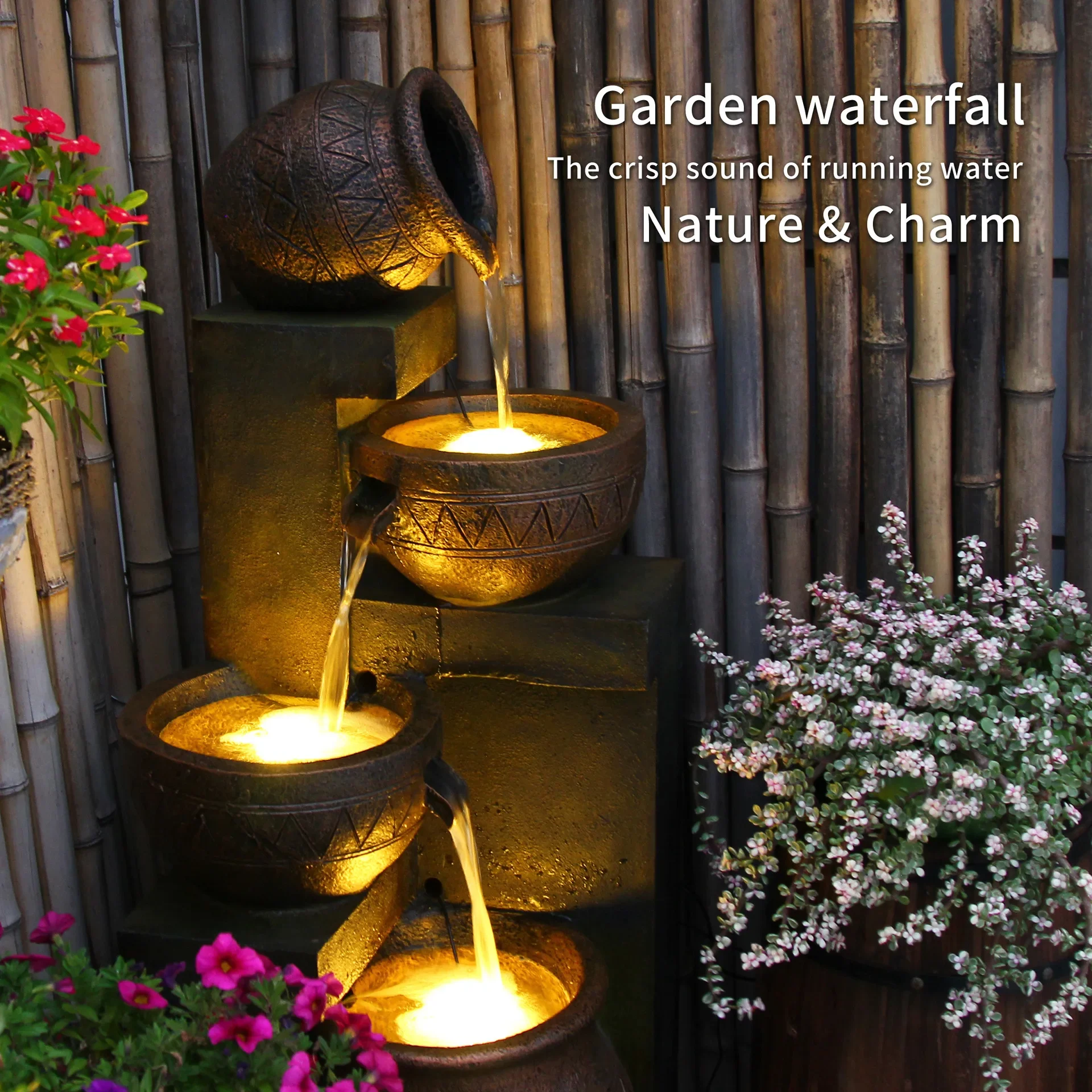 2026 Rustic Garden Decoration Meditation Lobby Decor Retro Mid-Century Lobby Triple Flow Water Fountain,Yard Fountain Zen Home D