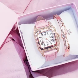 Women Diamond Watch Starry Square Dial Bracelet Watches Set Ladies Leather Band Quartz Wristwatch Female Clock Zegarek Damski