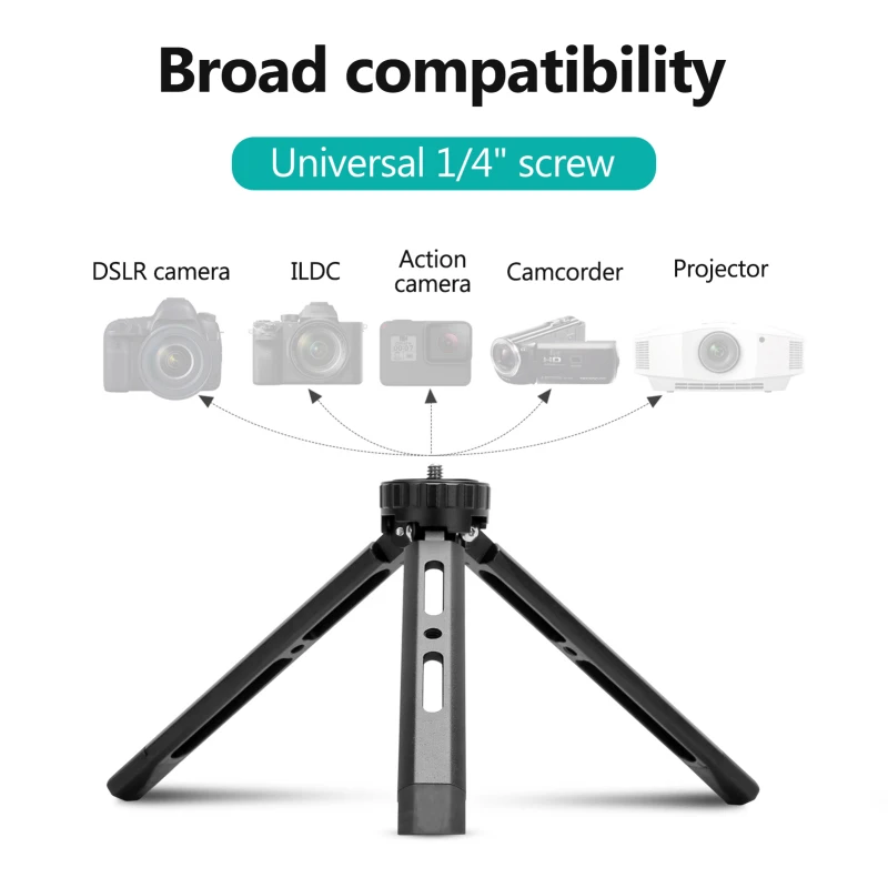 Mini Metal Tripod Aluminum Alloy Desktop Stand Tripod with 1/4 inch Screw for DSLR ILDC Camera Camcorder Projector