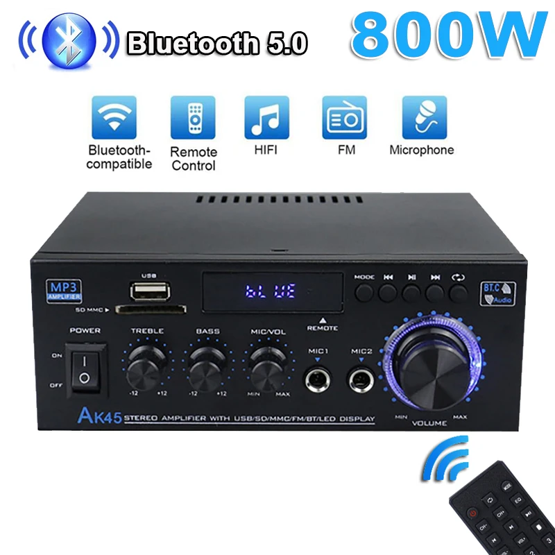 

AS22 AK45 800W Home Digital Amplifiers Audio Bass Power Bluetooth Amplifier Hifi FM Music Subwoofer Speakers USB SD Mic Input