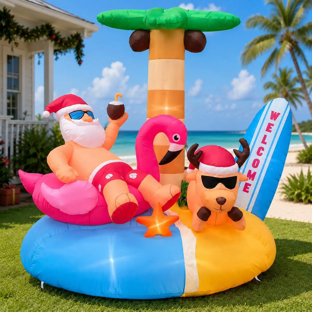 6.8FT Christmas in July Inflatable Hawaiian Beach Santa Riding Flamingo Float, Blow Up Yard Decoration with LED Lights, Summer Christmas Outdoor Decor for Pool Party, Lawn, Garden, Patio