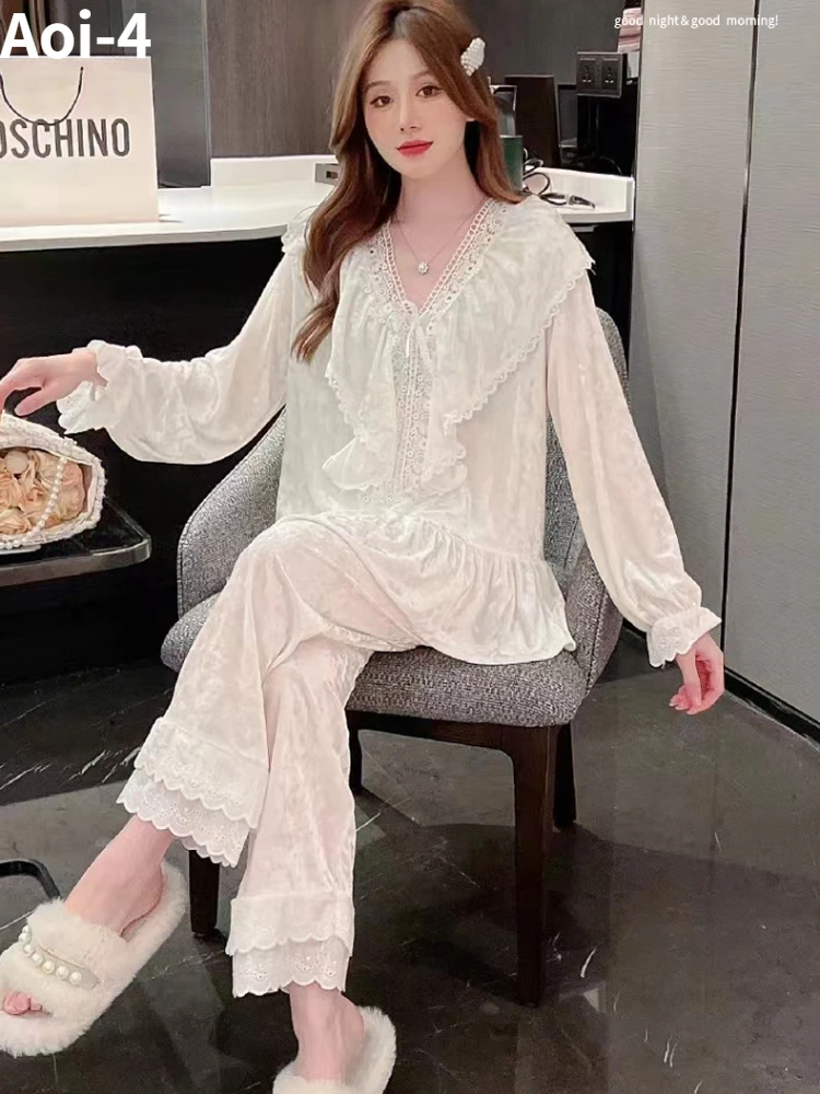 Sweet Loose White Pajamas Suit Women Spring  Autumn Gold Velvet Ruffled Lace Long-Sleeved Top+Pants Korean Fashion Home Clothes