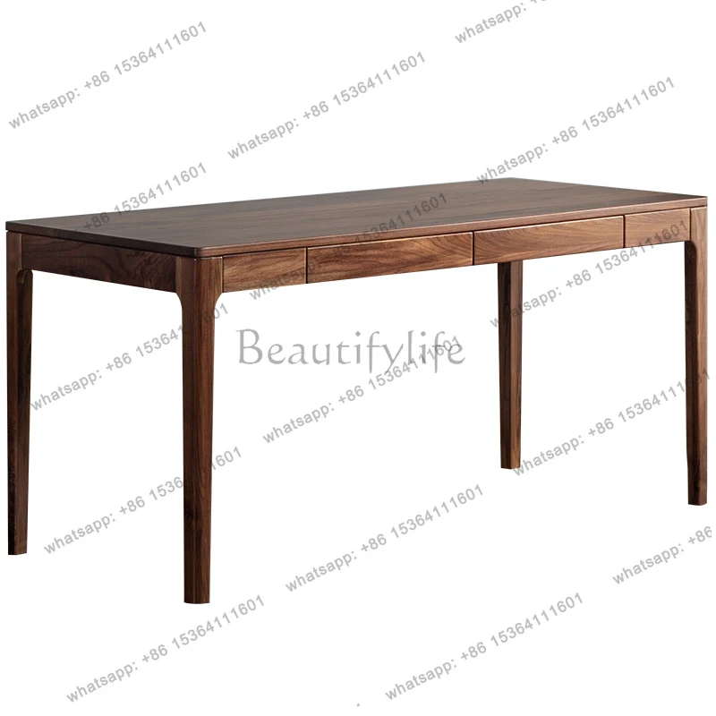 

Black walnut desk all solid wood light luxury simple Japanese style with drawers for home use