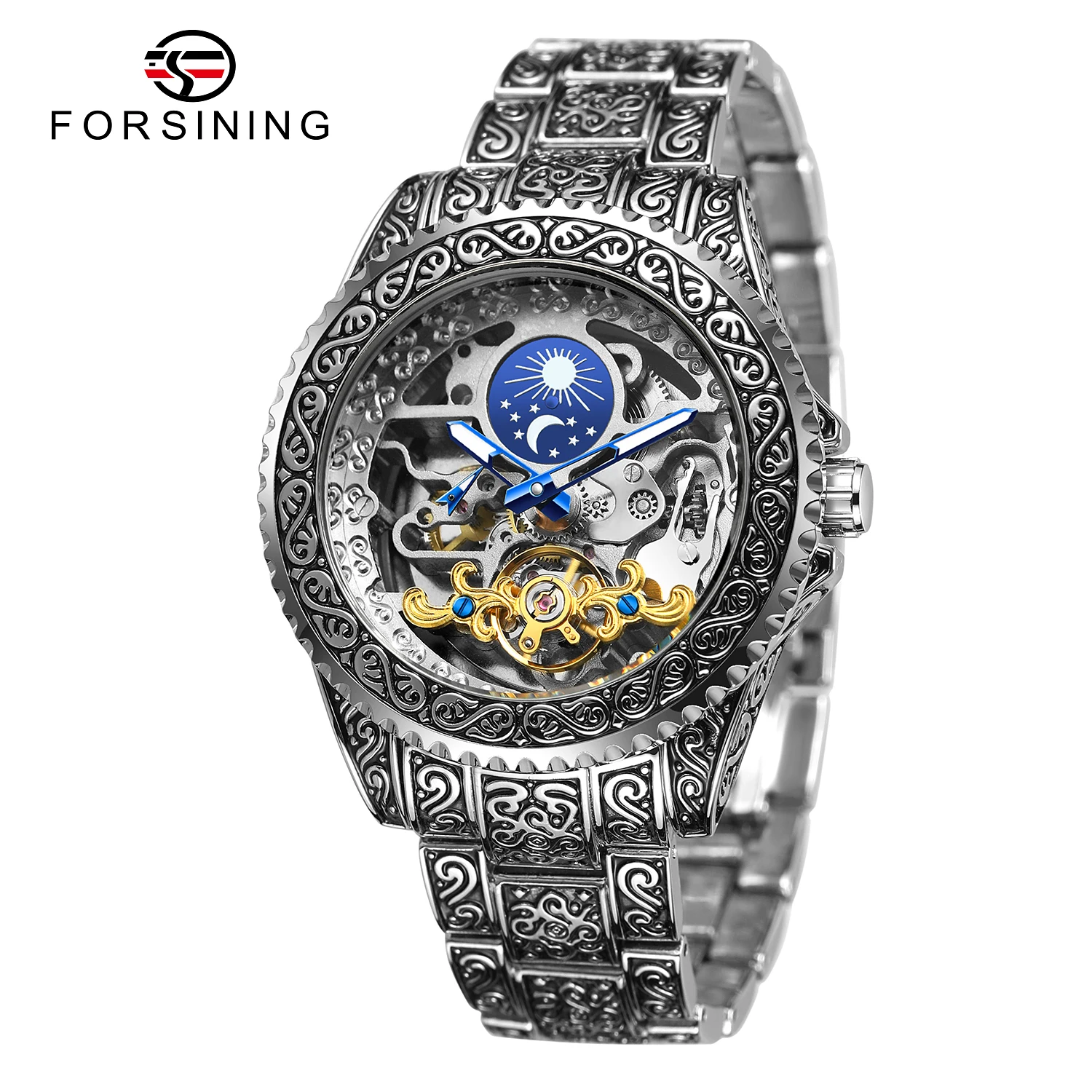 

FORSINING винтажные мужские наручные часы с резьбой, автоматические механические часы со скелетом, полые светящиеся роскошные часы с фазой Луны