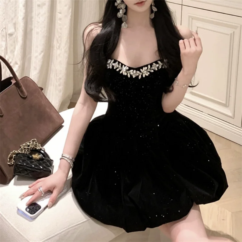 French Princess Velvet Black Birthday Party Mini Dress Women New Fall Winter Fashion Strapless Diamonds Beads Fluffy Short Dress