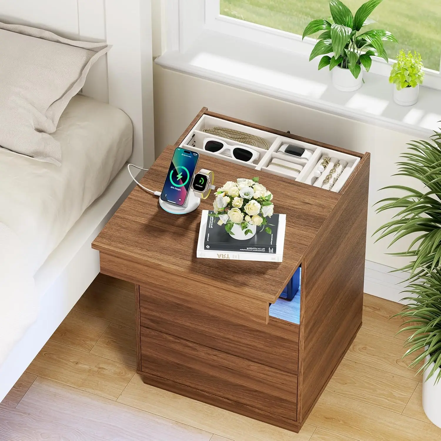 Nightstand with Hidden Compartment & USB/Type-C Charging Station - Locking Night Stand with Gun Drawer,LED Lights,Modern Bedside