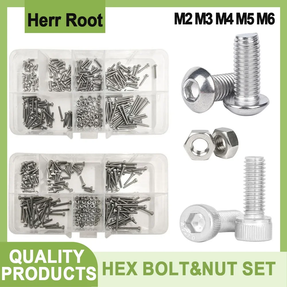 304 Stainless Steel Hex Bolt Nut Set M2 M3 M4 M5 M6 Round Pan Hexagon Bolts Locking Tools Socket Cap Head Screws Assortment Kit