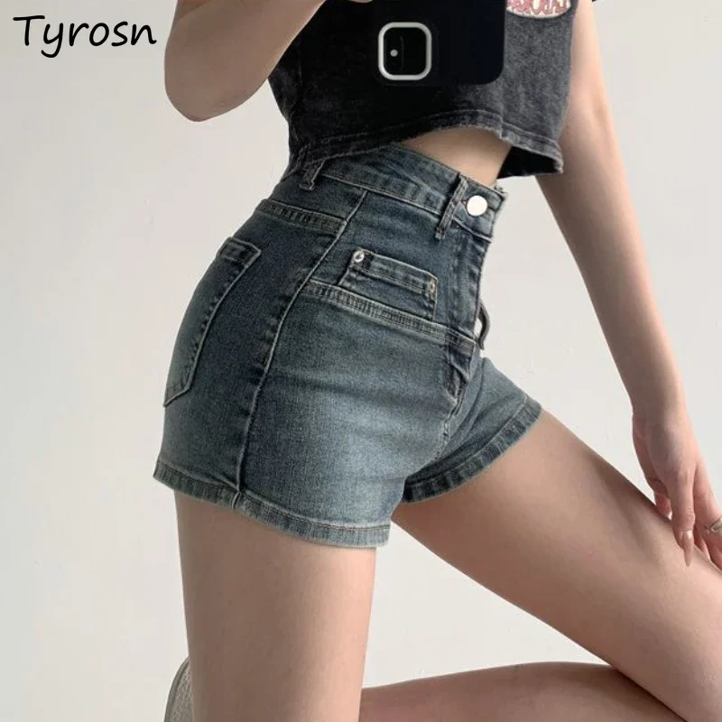 Denim Shorts Women Design Fashion Simple Vintage Summer All-match High Waist Leisure Streetwear Slim Tender Sexy American Style